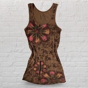 Brown and pink distressed floral tie dye tank top